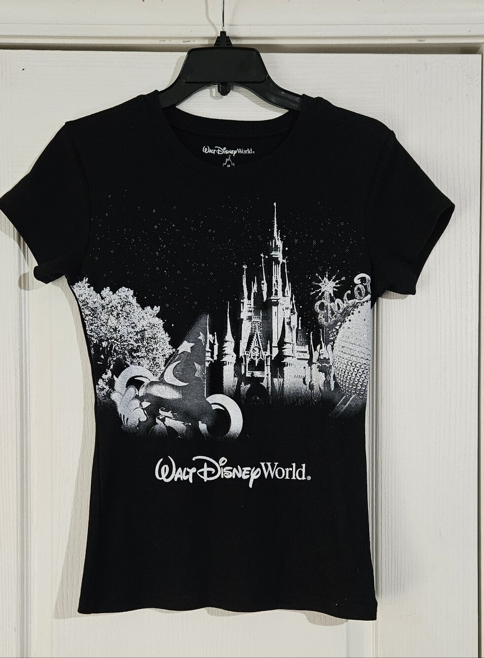 Disney Black T‑Shirt with White Walt Disney World Logo With Shimmer Sparkle.